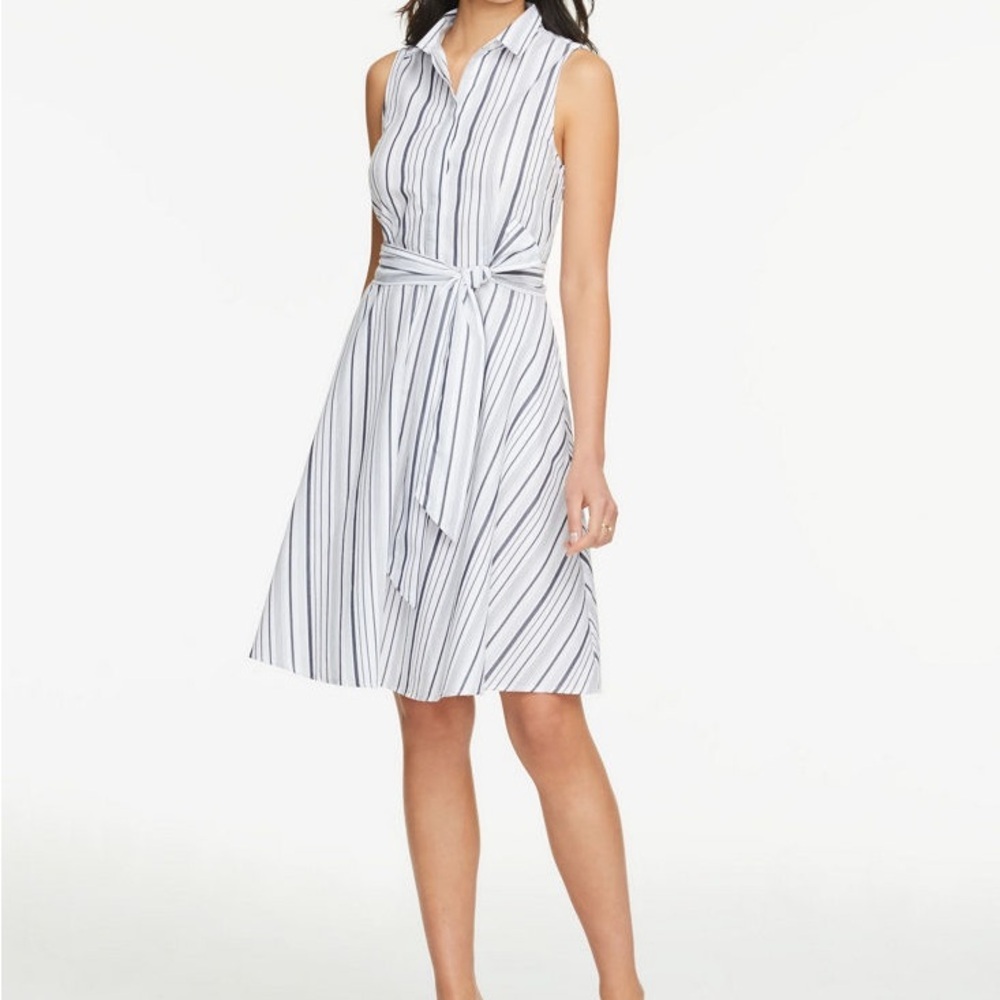 Ann Taylor Factory PETITE STRIPED TIE WAIST SLEEVELESS SHIRTDRESS | Size: 0